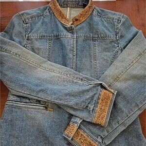 Liz Claiborne Beaded Jean Denim Jacket Womens Petite Med Snap Front Blue Vintage